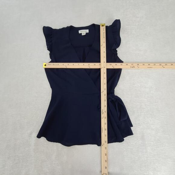Monteau ladies ruffle cap sleeve faux wrap peplum top blue Size Small office - Picture 4 of 7